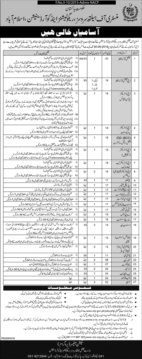 Ministry of Health Services Regulation Coordination NHSRC Islamabad Jobs Via OTS 