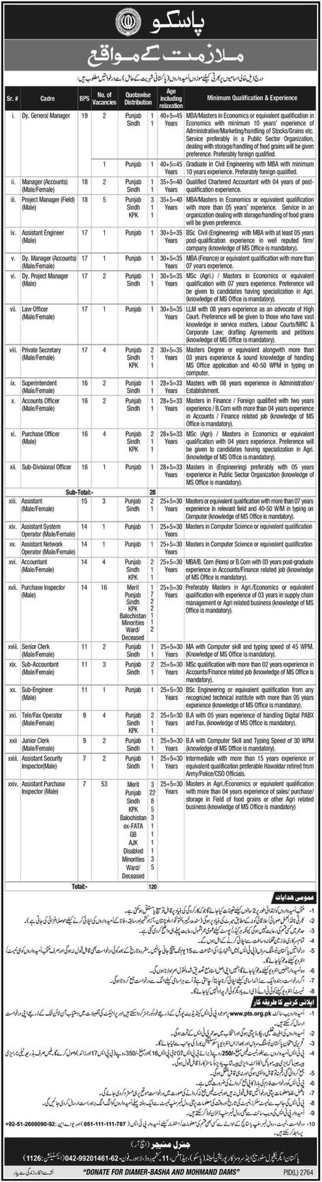 Pakistan Agricultural Storage Services PASSCO Jobs PTS Roll No Slip
