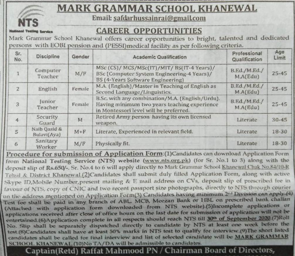 Khanewal Mark Grammar School Jobs NTS Roll No Slip