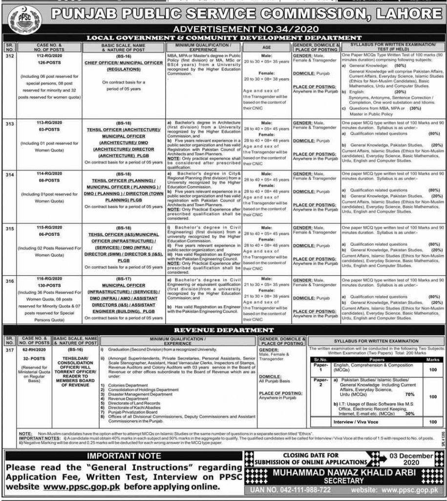 Municipal Officer Infrastructure Services Assistant Director PPSC Roll No Slips