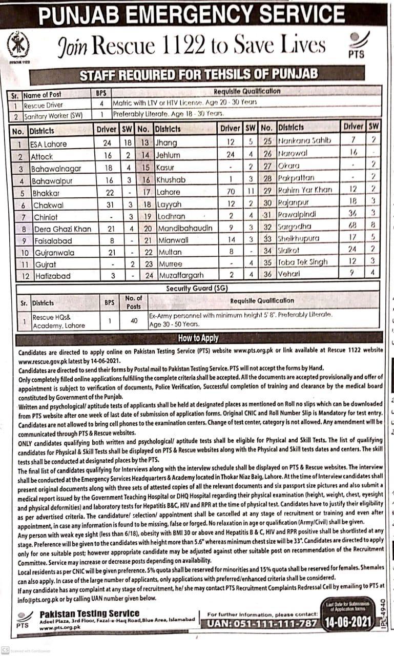 Rescue 1122 Punjab Jobs Phase 3 Phase 4 PTS Test Roll No Slip