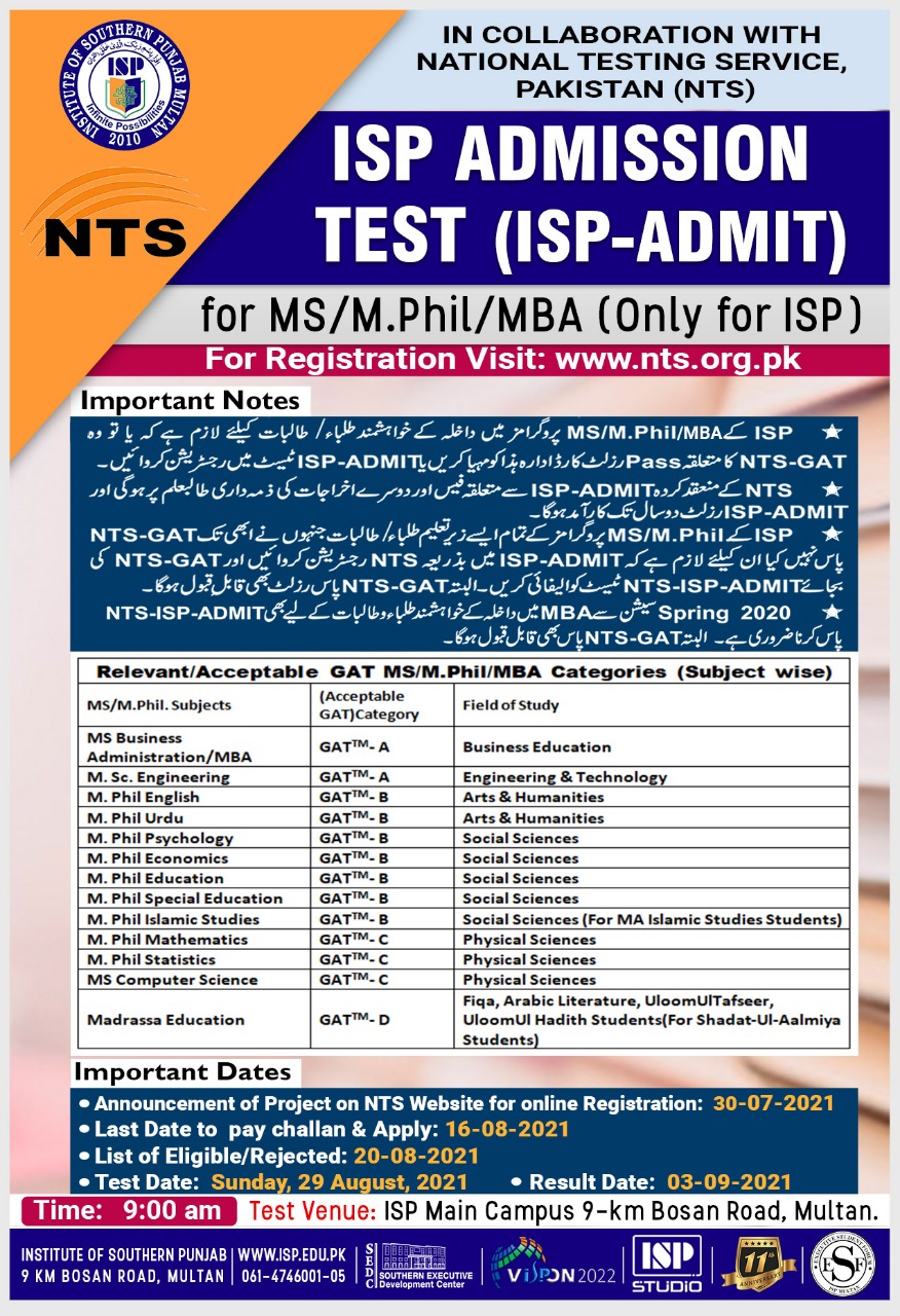ISP Multan Institute of Southern Punjab MS MPhil Admission NTS Result