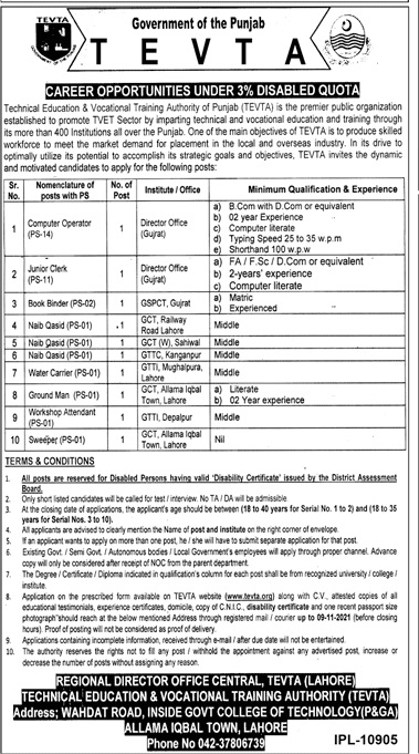 Govt jobs in Lahore Matric Base 2021 At TEVTA Technical Education and Vocational Training Authority