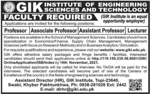 Govt Teaching Jobs in KPK GIK Institute of Engineering Science and Technology