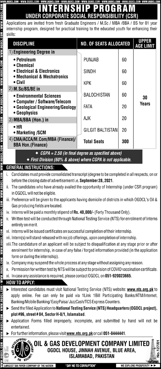 OGDCL Internship Oil Gas Development Company Limited NTS Result