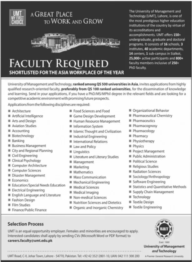 Government Teaching Jobs in Lahore 2021 Today At UMT Lahore