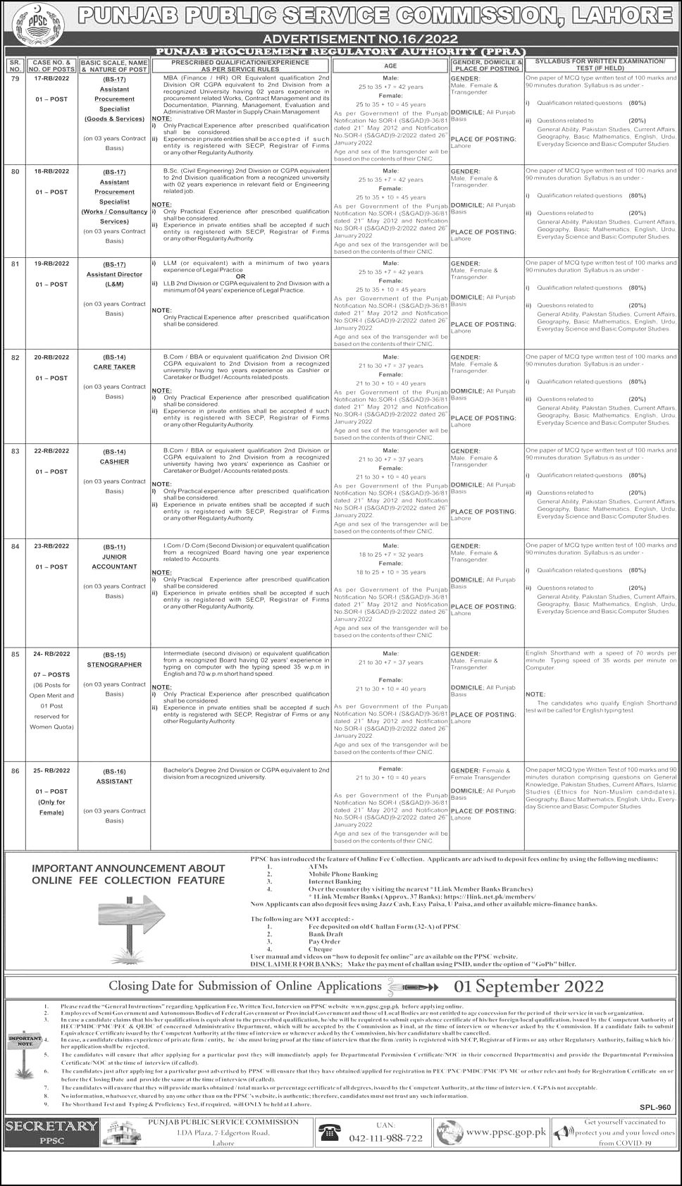 Punjab Public Service Commission PPSC Jobs 2022 Ad No 16/2022