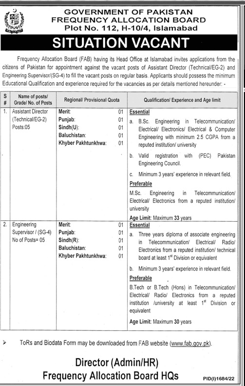 New Govt Jobs Pakistan Frequency Allocation Board