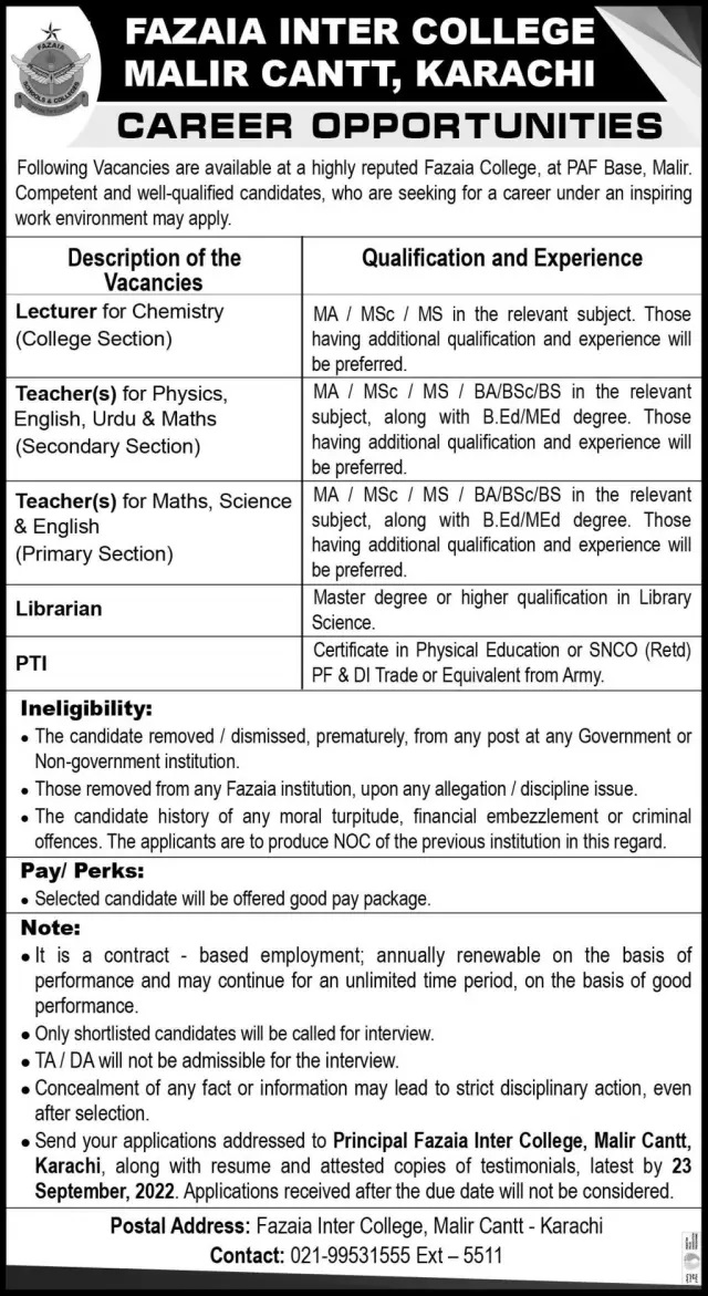 New Fazaia Inter College Korangi Creek Karachi Jobs