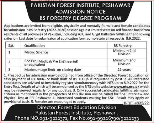 PFI Peshawar BS Forestry Admission NTS Test Result