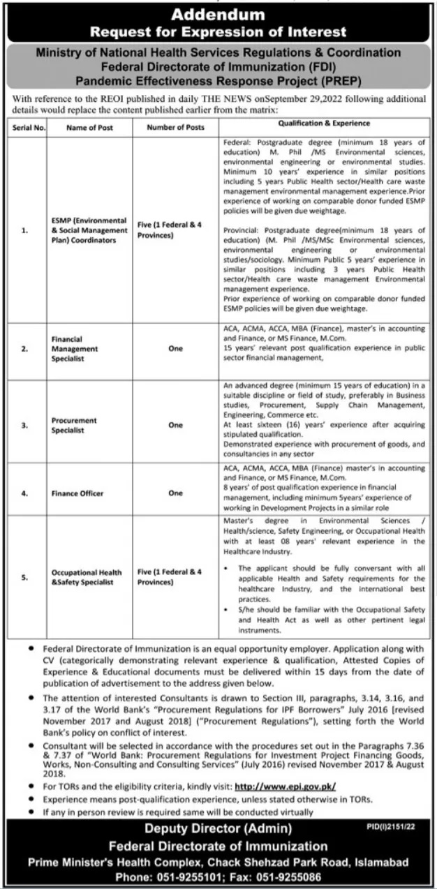 Latest Government Jobs Islamabad At Ministry of Health Service