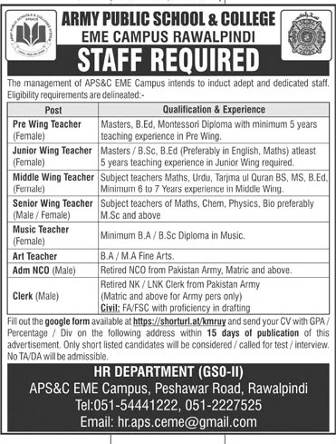 Latest Govt Jobs Rawalpindi Ad For Army Public School