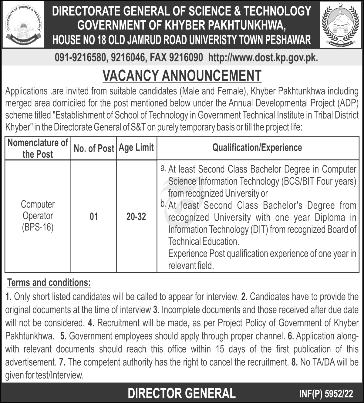 Govt of KPK Jobs 2022 At Directorate of Science Technology