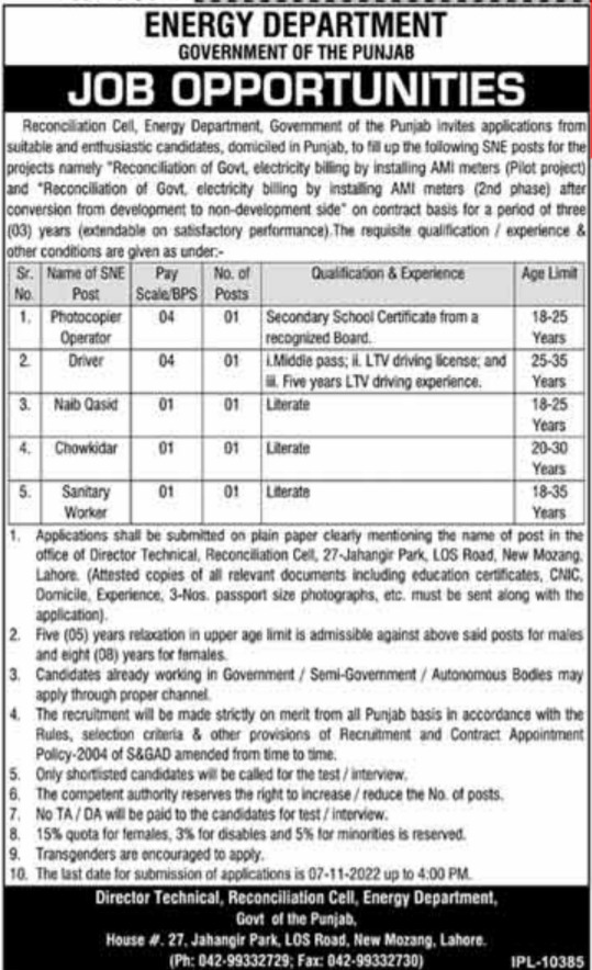Latest Govt Jobs Lahore Punjab Today 2022 At Energy Department