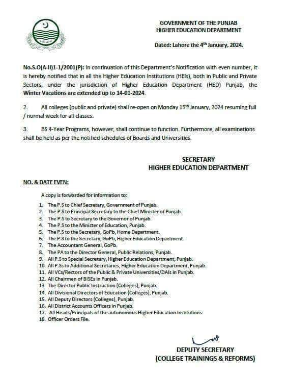 Higher Education Department Winter Vacations 2024 Notification